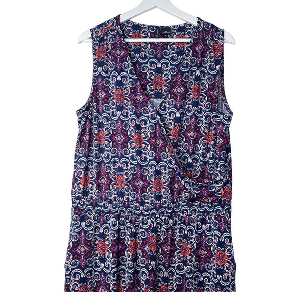 New Directions Jumpsuit XL Blue Sleeveless Wide Leg Boho Ikat Print Casual Work - Picture 3 of 7